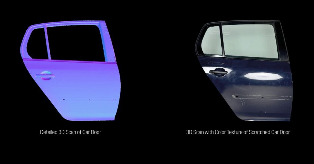 MotionCam-3D Color (Blue) performance on comprehensive shapes, materials with focus on details on scanned car door. 