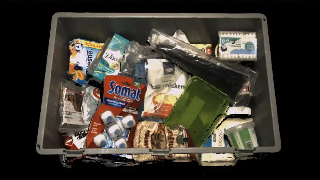 3D scan of grocery bin with transparent and reflective materials