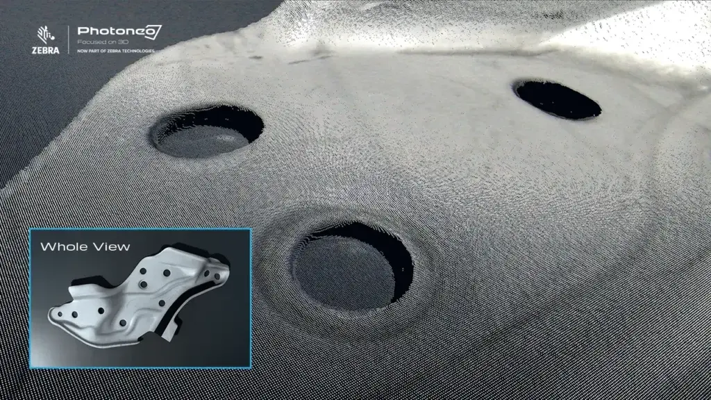 Close up of metallic automotive part scanned with blue laser 3D sensor - close up