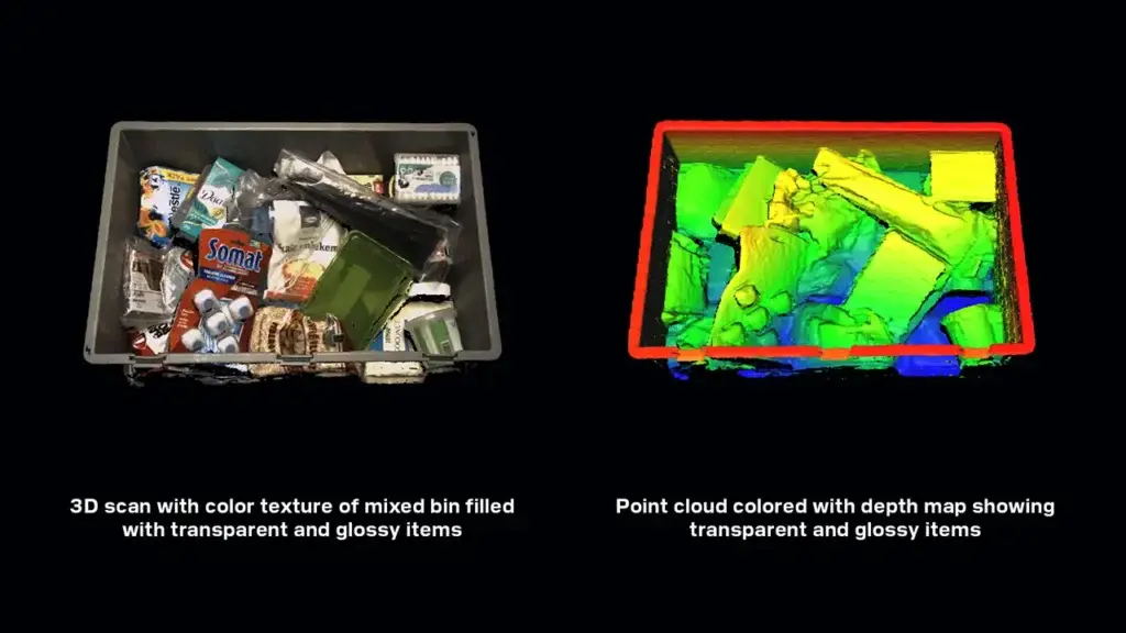 Point cloud of mixed bins filled with transparent and semi-transparent objects 